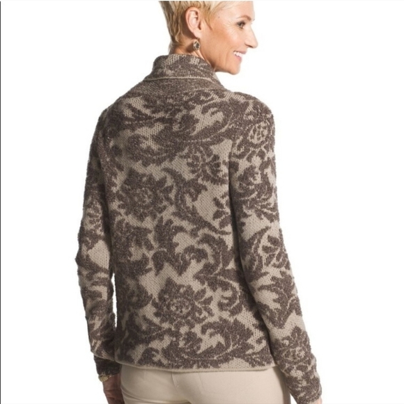 Chico's Women Ryder Cardigan Size 2 / L Brown Paisley Metallic Cowl Wrap Neck - Picture 2 of 9